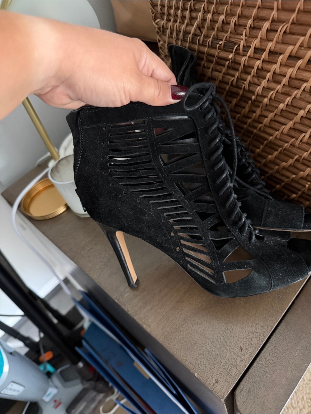 Crown Vintage Black Suede Laser-Cut Lace-Up Stiletto Booties
